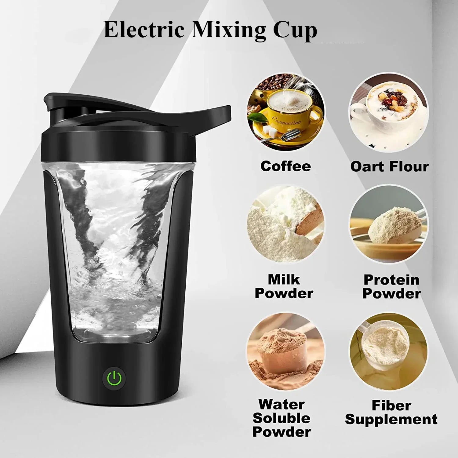 Electric portable preotein blender with images of food items it can mix