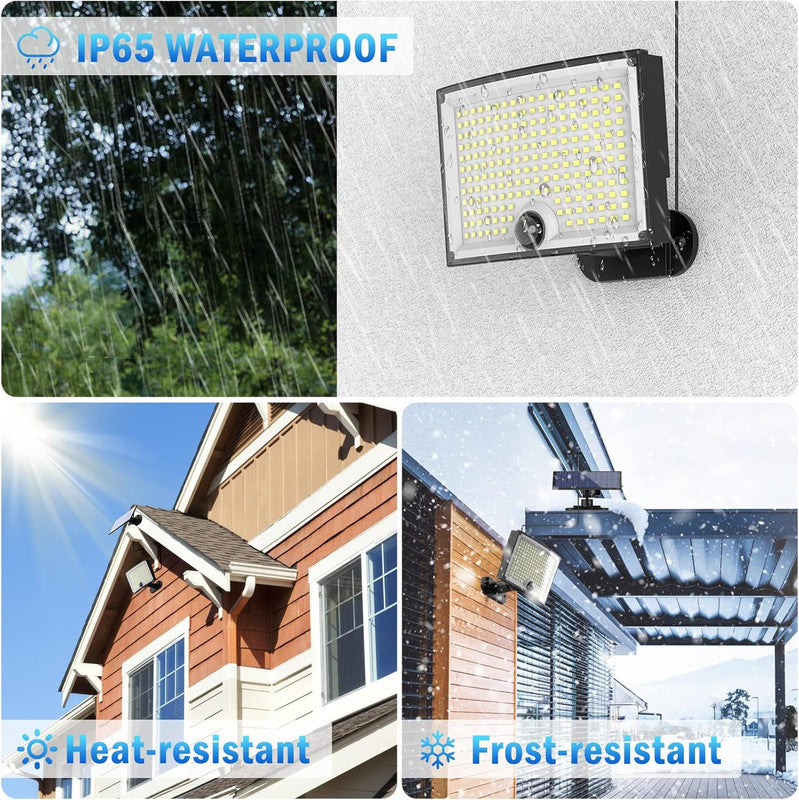 Solar light with waterproof, heat-resistant, and frost-resistant features shown in various outdoor settings.