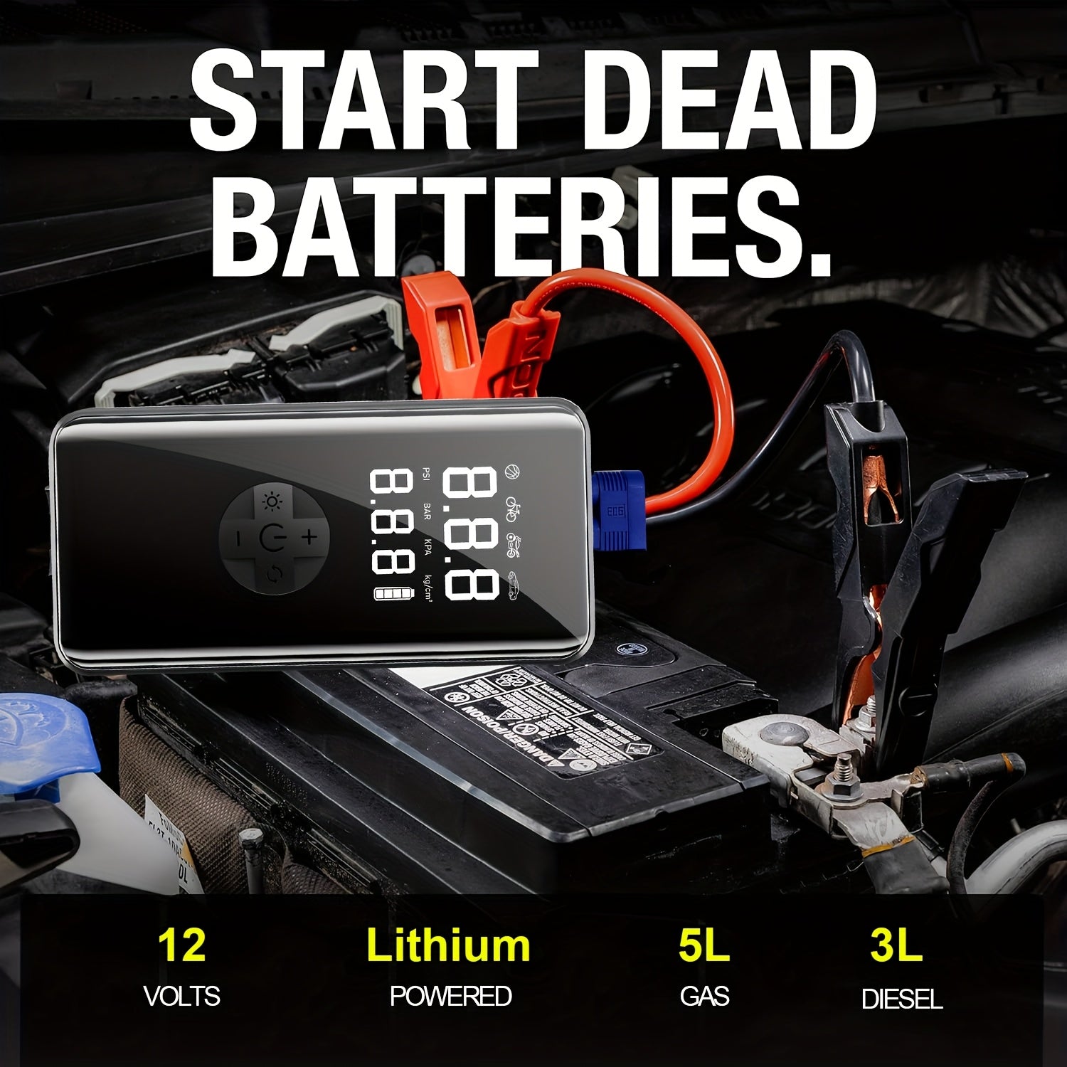 an air compressor with jump starter,in a car battery  with text 'Start Dead Batteries'.