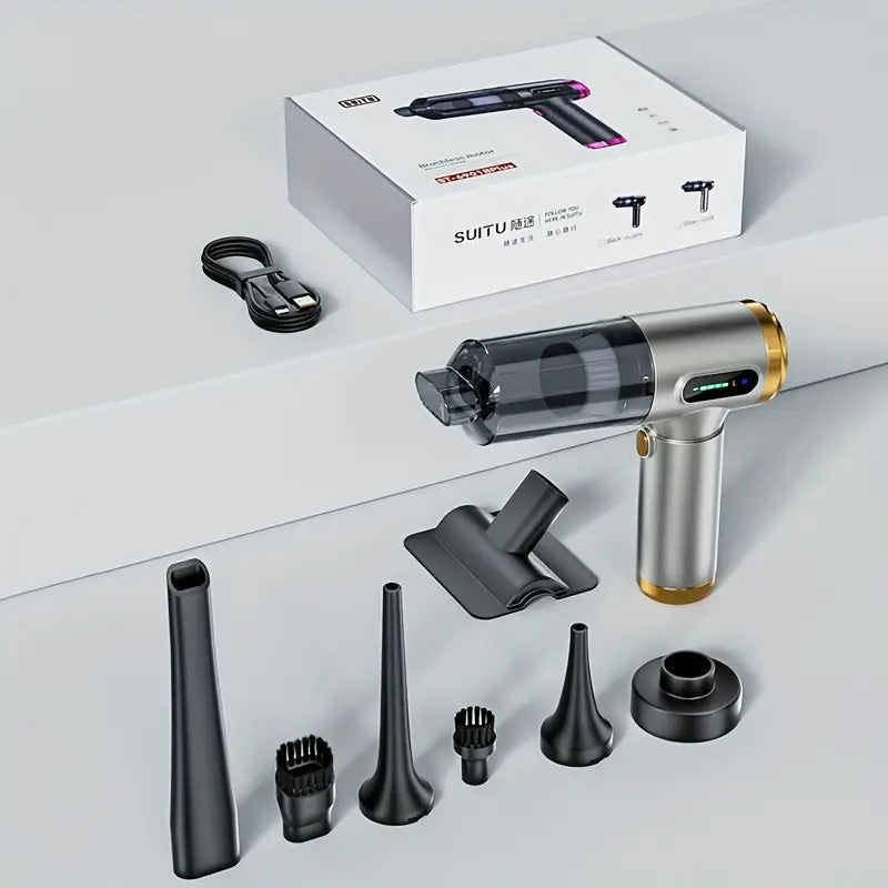 handheld car vacuum cleaner with attachments and packaging on a light gray background