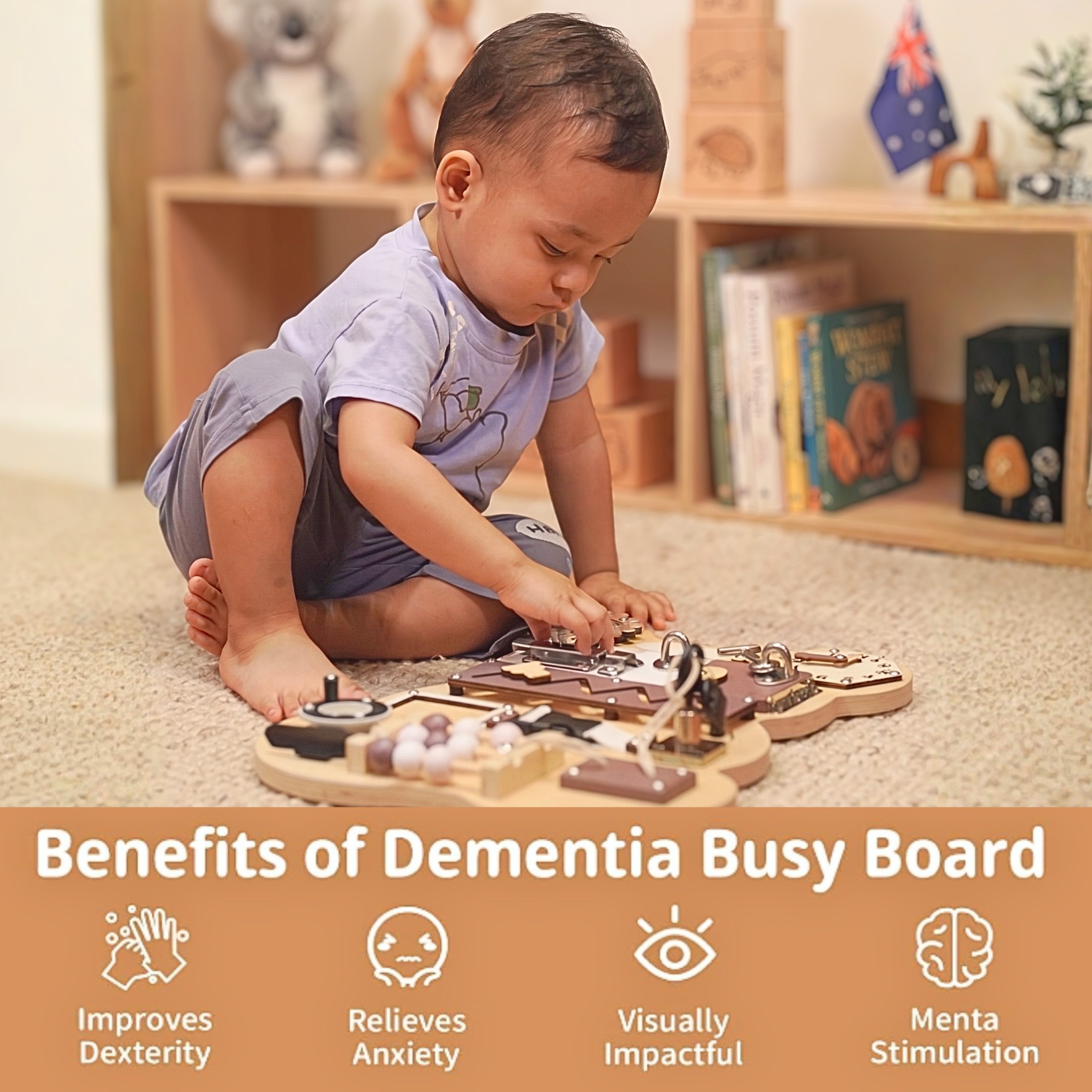 Baby playing with busy board